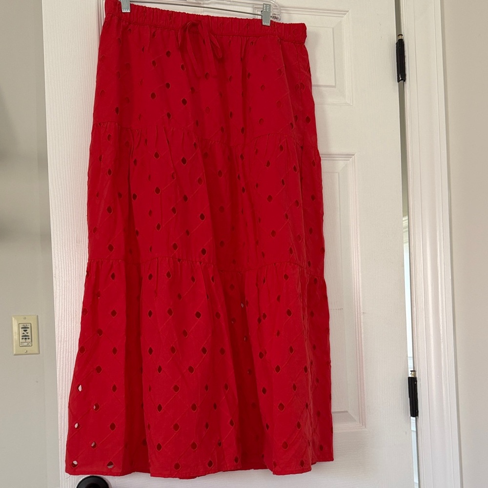 a new day Red Eyelet Tiered Maxi Skirt with Cutout Details